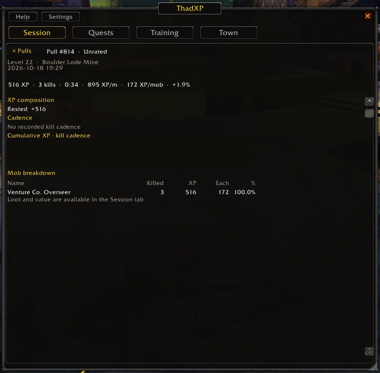 A single recorded pull with individual mob XP details