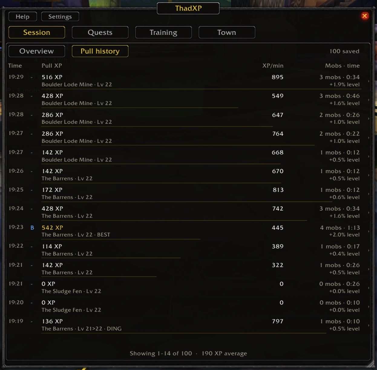 Recorded pulls with XP, mob count, duration and location
