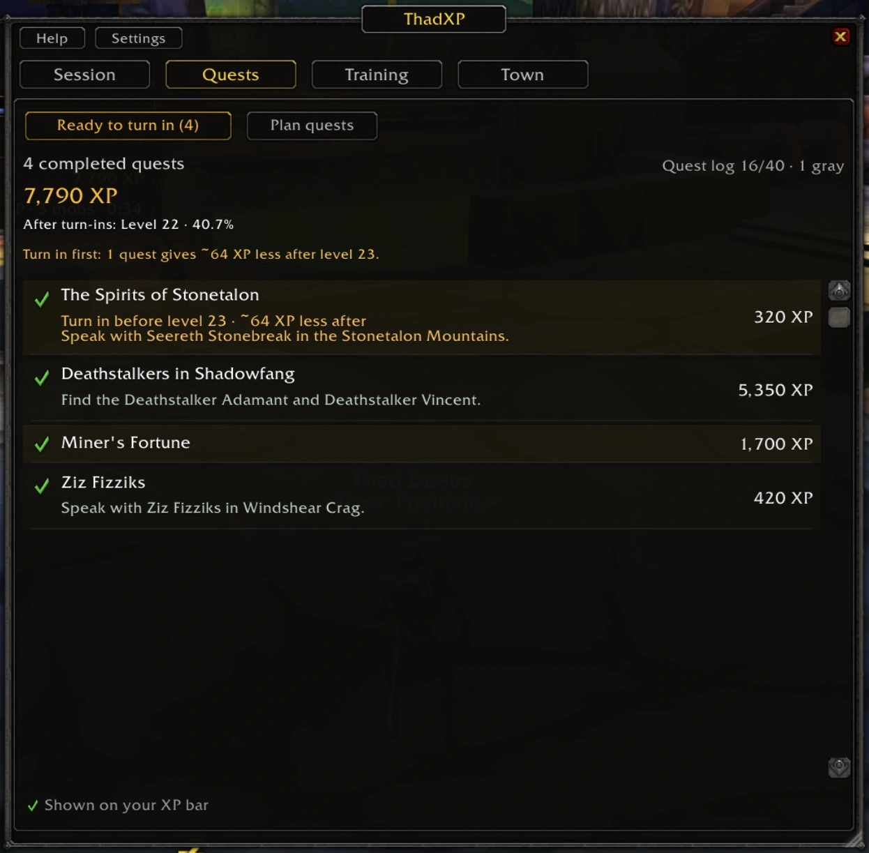 Completed quest list with XP rewards, destination instructions and a warning to turn in before the next level