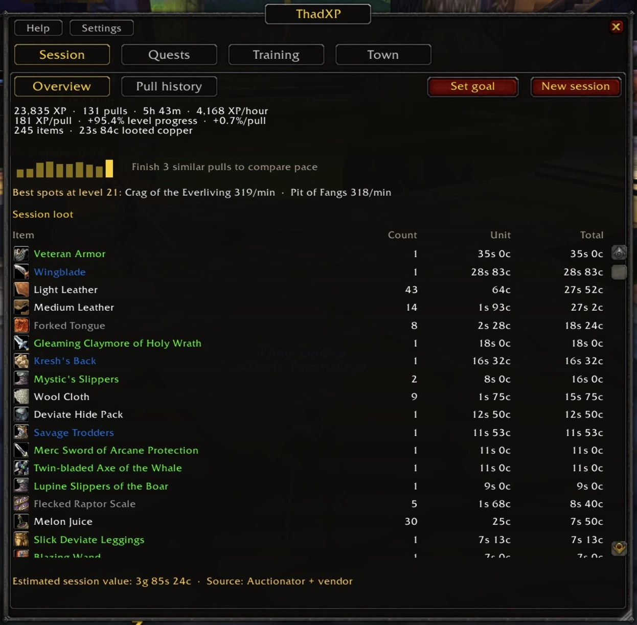 Session overview with XP, pull statistics, best spots and a loot summary