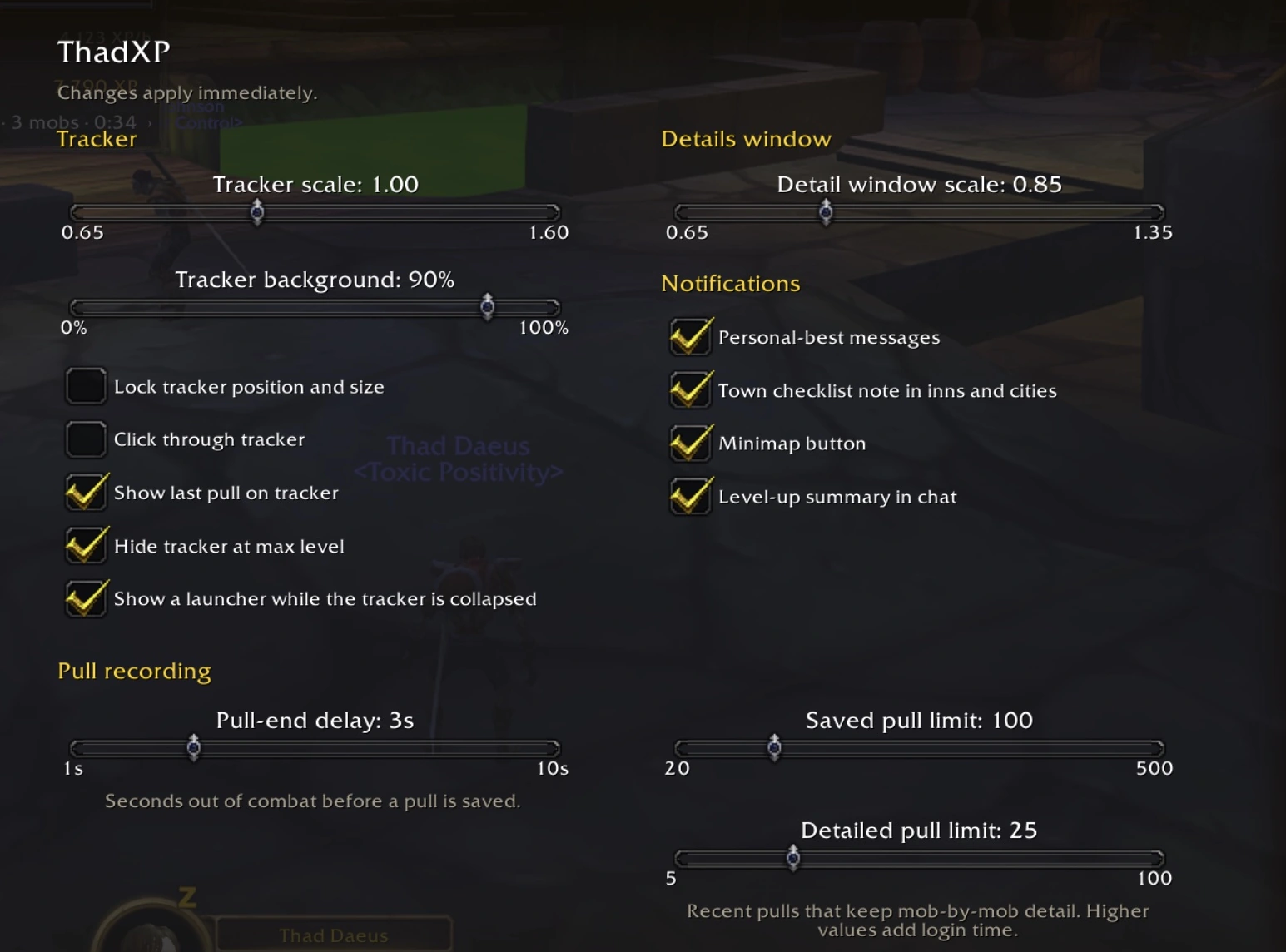ThadXP settings grouped into tracker, detail window, notifications and pull recording