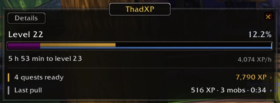 ThadXP tracker showing level progress, estimated time to level, quest rewards and the last pull