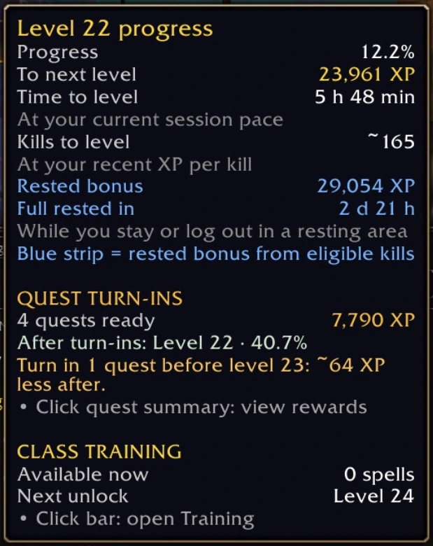 XP bar tooltip with exact XP remaining, rested bonus, kills to level and quest projection