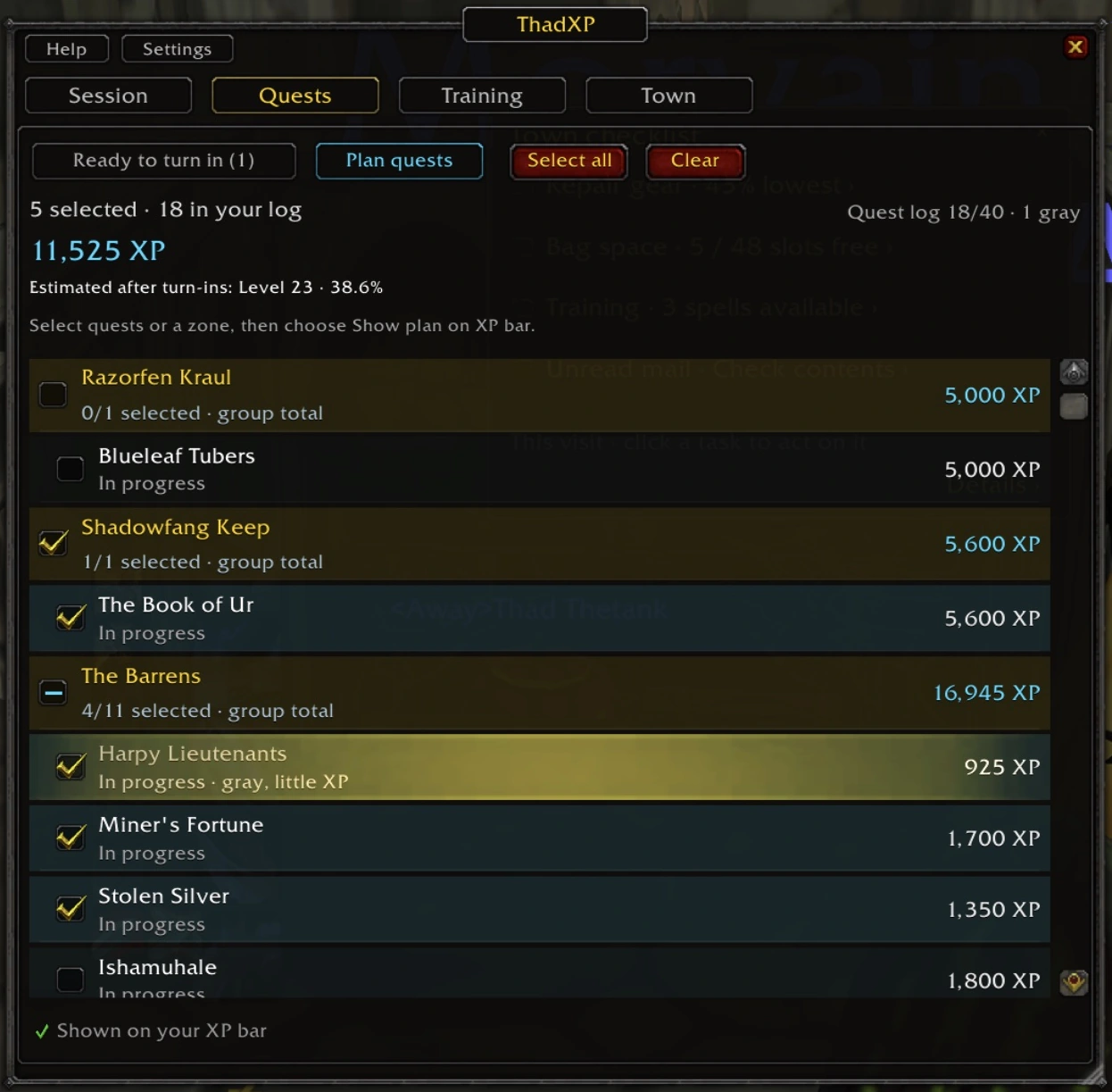 Five quests selected across Shadowfang Keep and The Barrens, totaling 11,525 XP with the plan shown on the XP bar