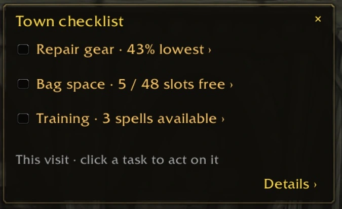 Compact Town note listing repair gear, bag space and available training