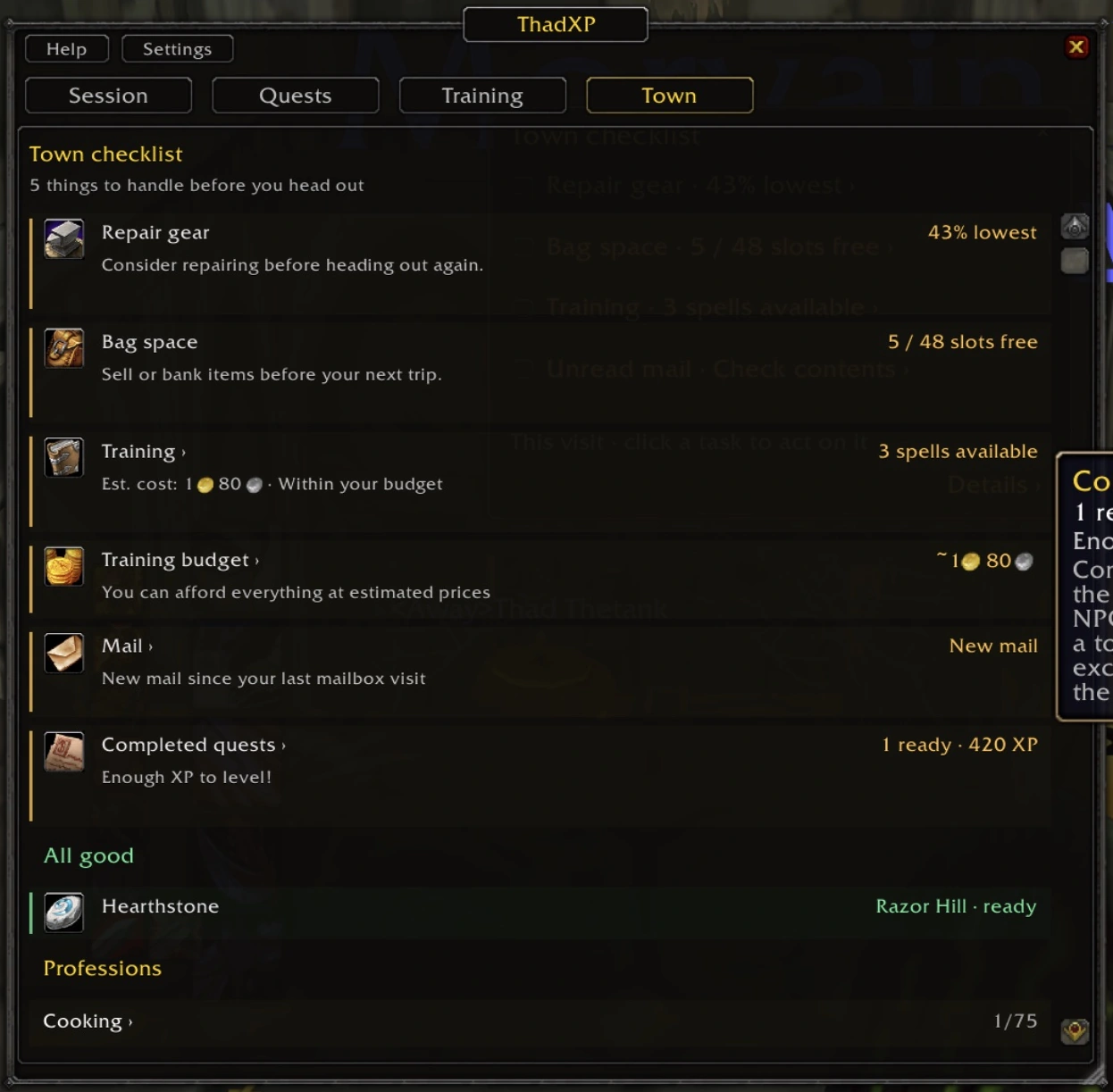 Warrior Town checklist with 43% durability, five free bag slots, three trainable spells and a training budget