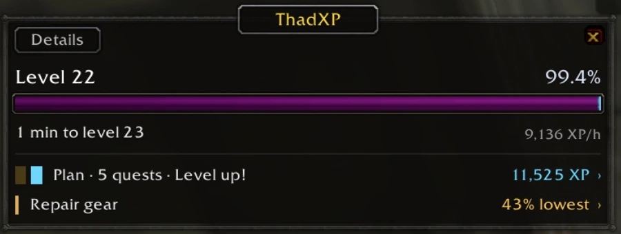 Warrior tracker at 99.4% with five planned quests worth 11,525 XP