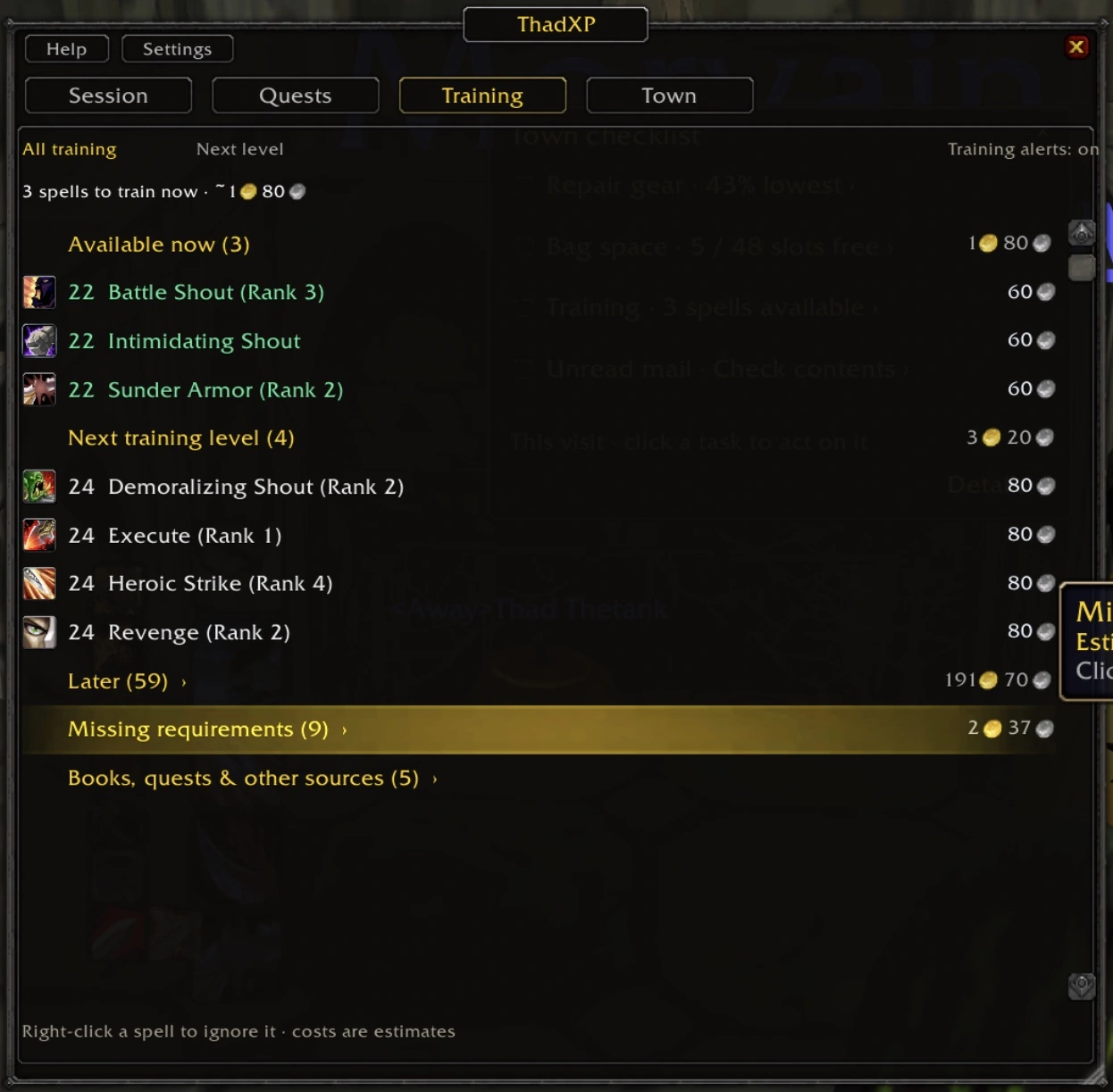 Warrior training: three available level 22 spells costing an estimated 1 gold 80 silver, and four spells at level 24